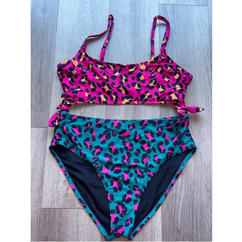 Neon Leopard Print Cutout Monokini Swimsuit Pink Teal Side Tie One Piece